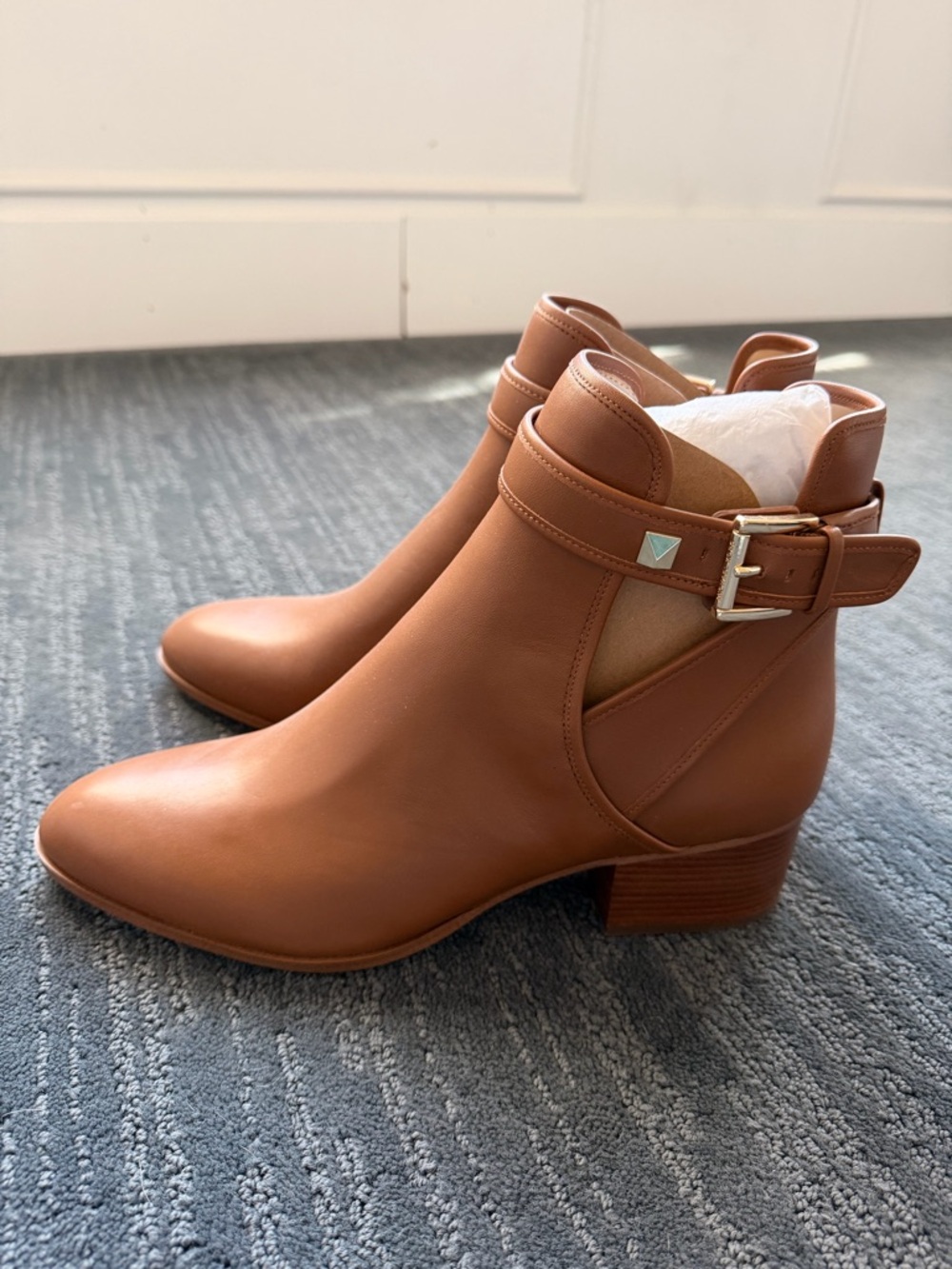 Michael Kors Cognac Brown Leather Ankle Boots with Buckle